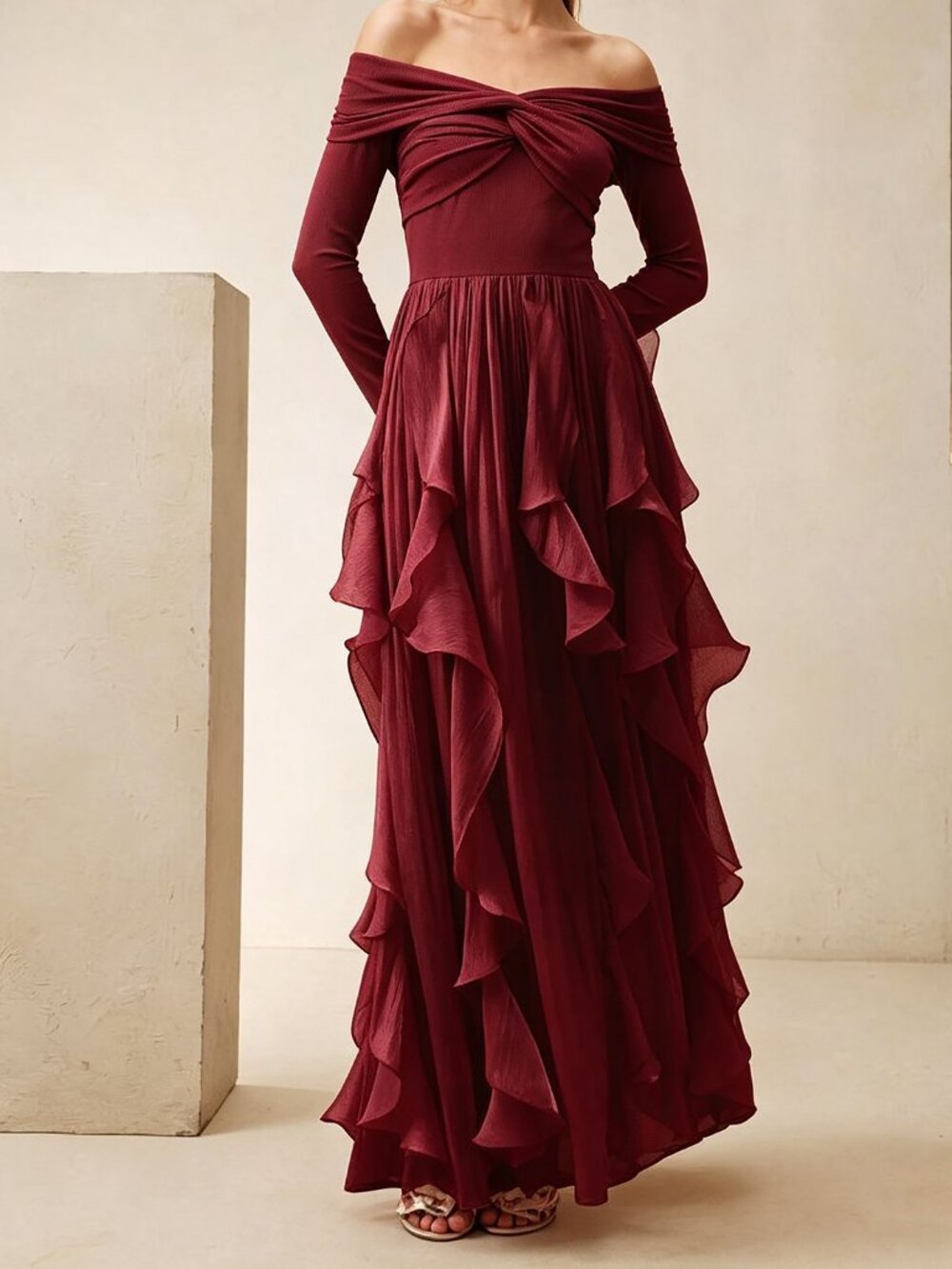 Burgundy Women's Party Off-Shoulder Zipper Ruffle Hem A-Line Long Dress - Picture 4 of 7